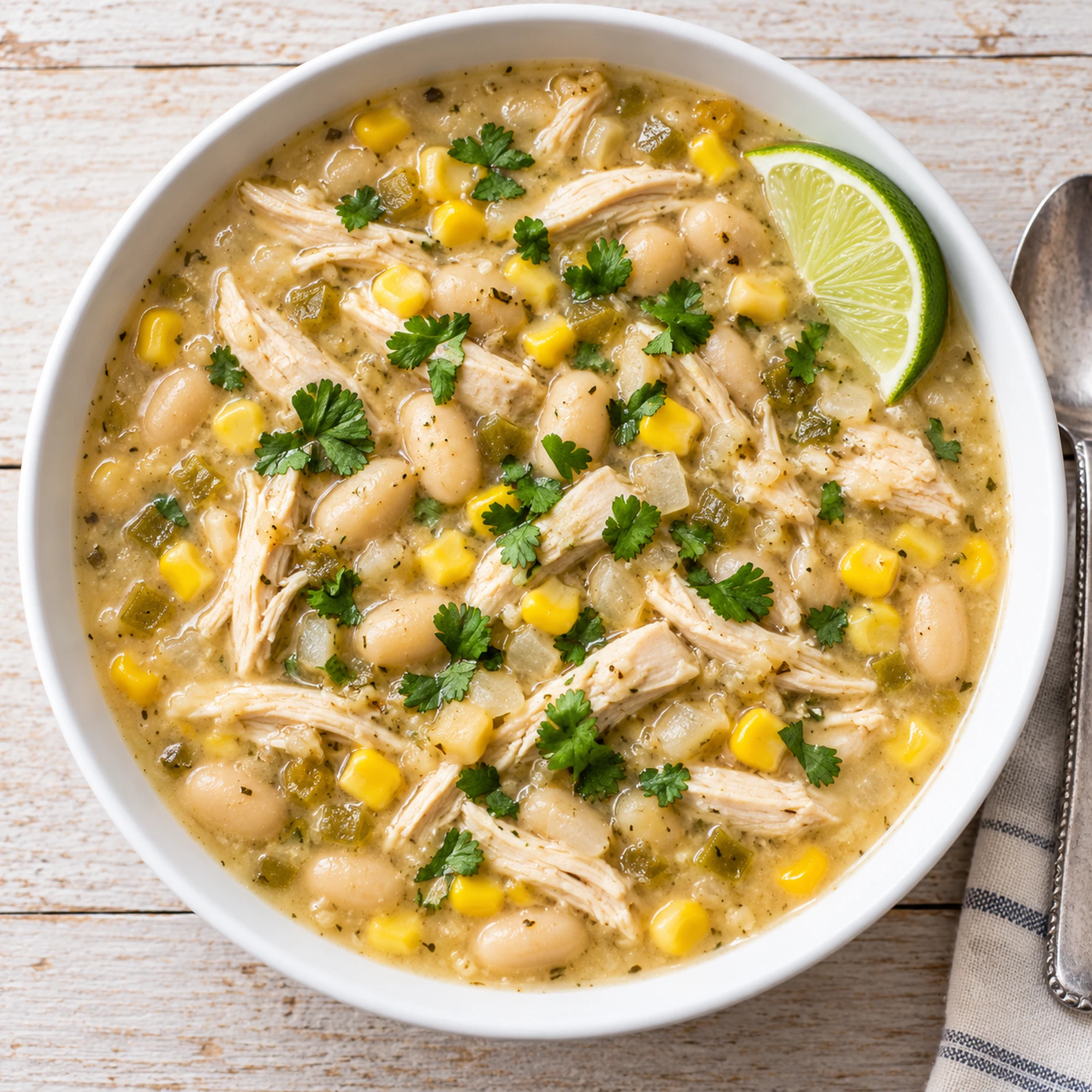 Overhead white chicken chili bowl topped with cilantro and a lime wedge