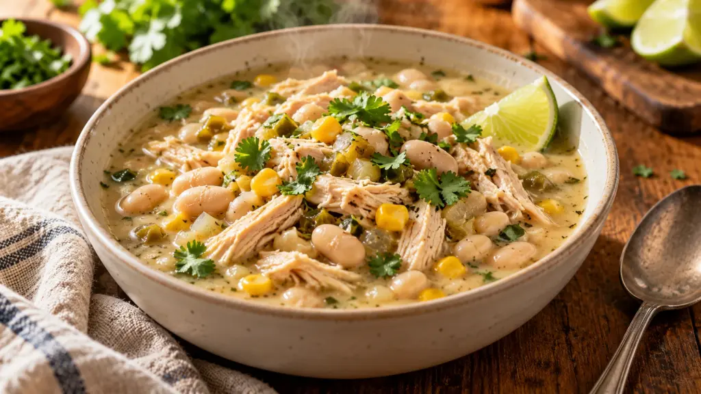 White chicken chili with cannellini beans, corn, cilantro, and lime