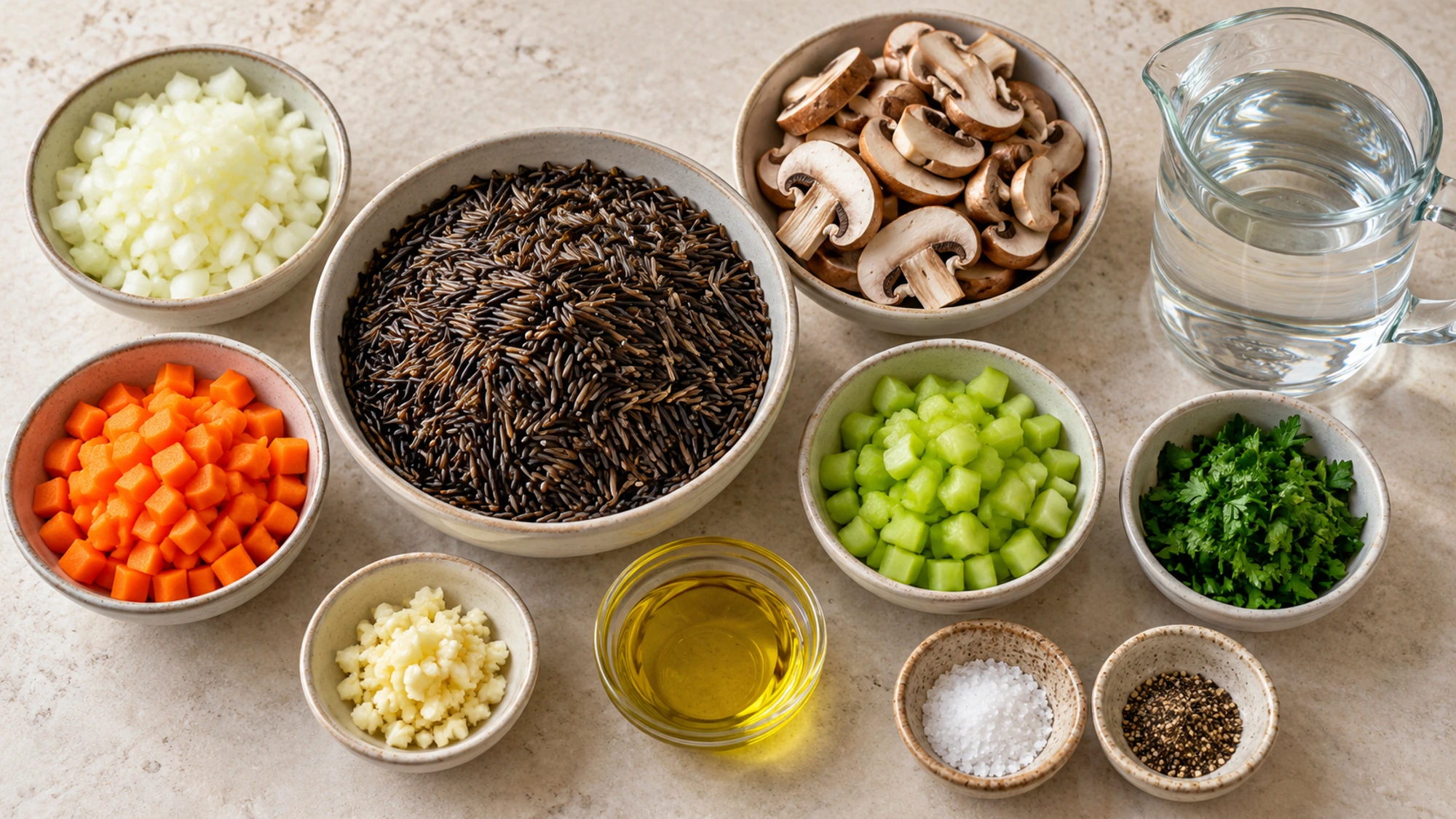 Wild rice pilaf ingredients arranged before cooking