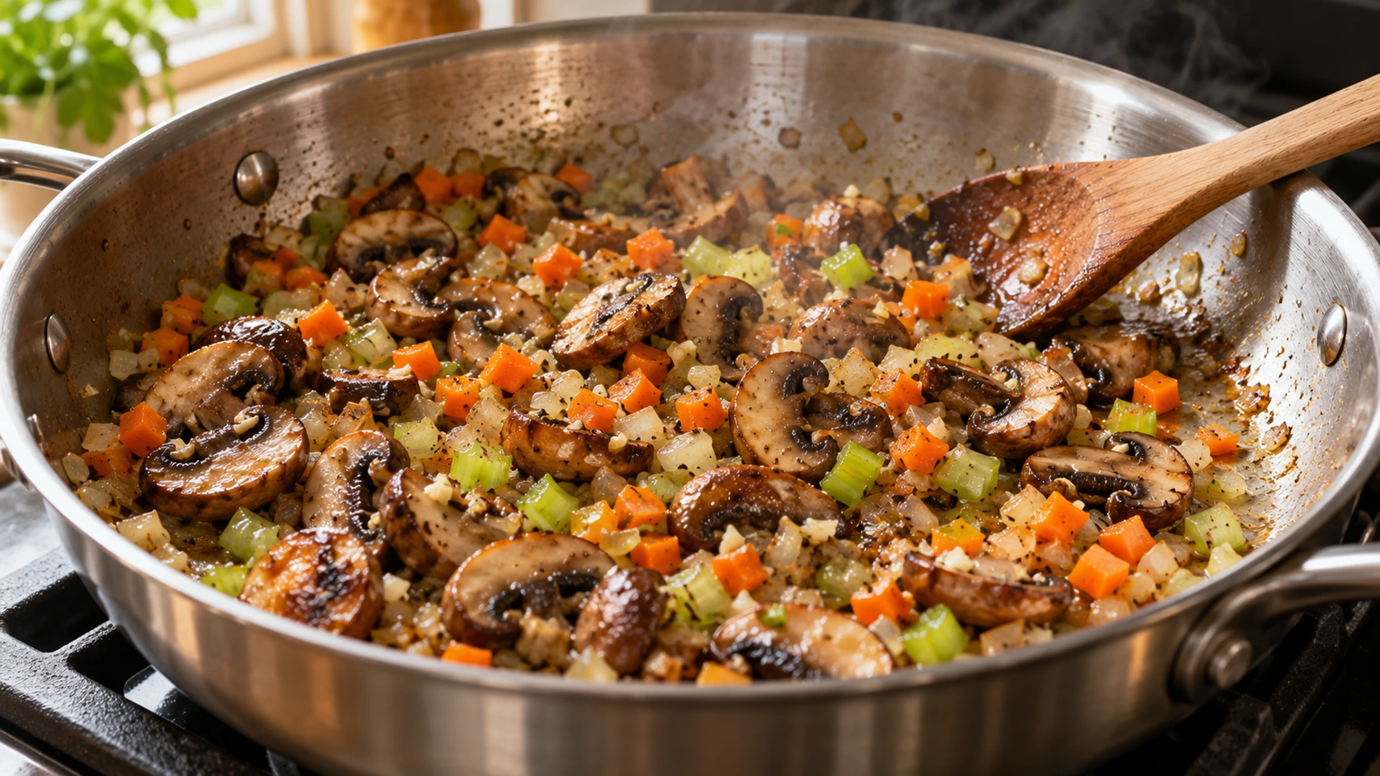 Mushrooms and diced vegetables browning for wild rice pilaf