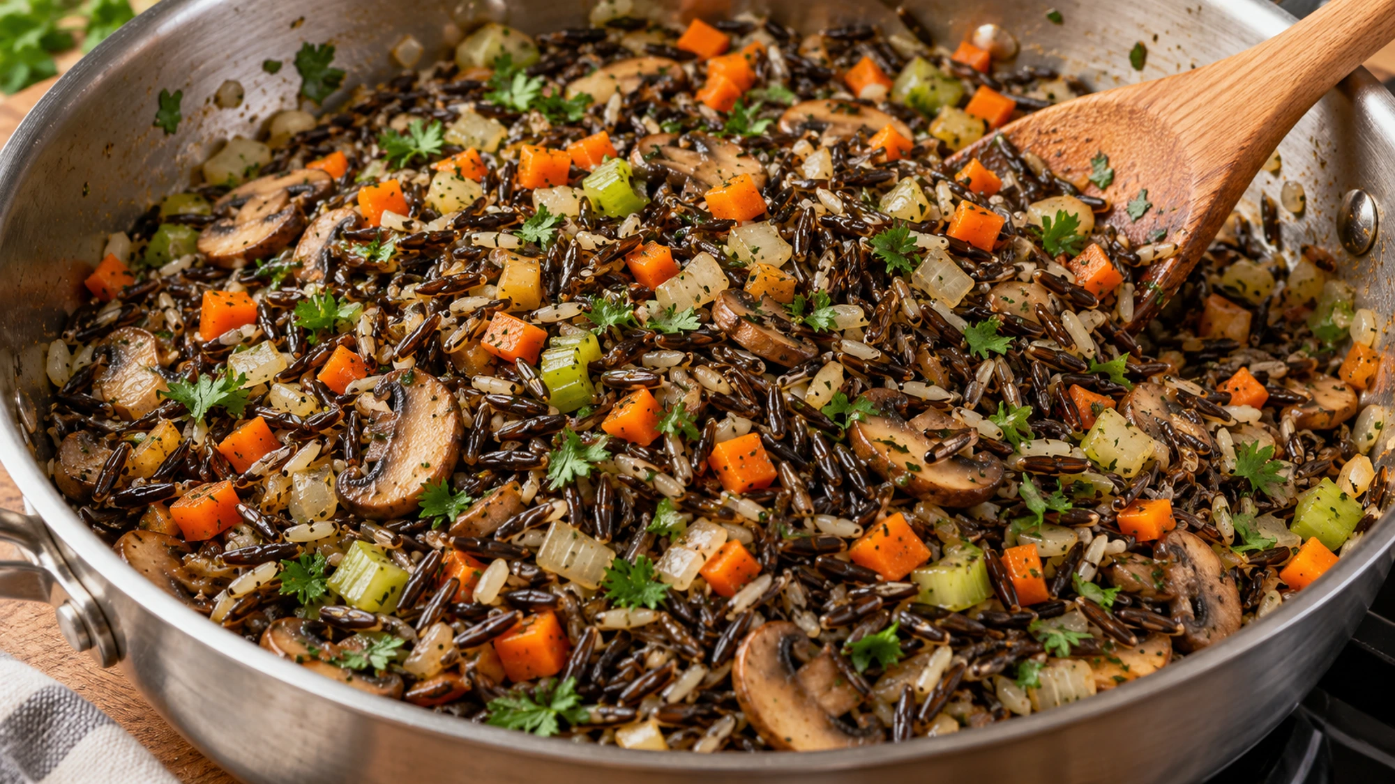 Wild rice pilaf folded together in a skillet