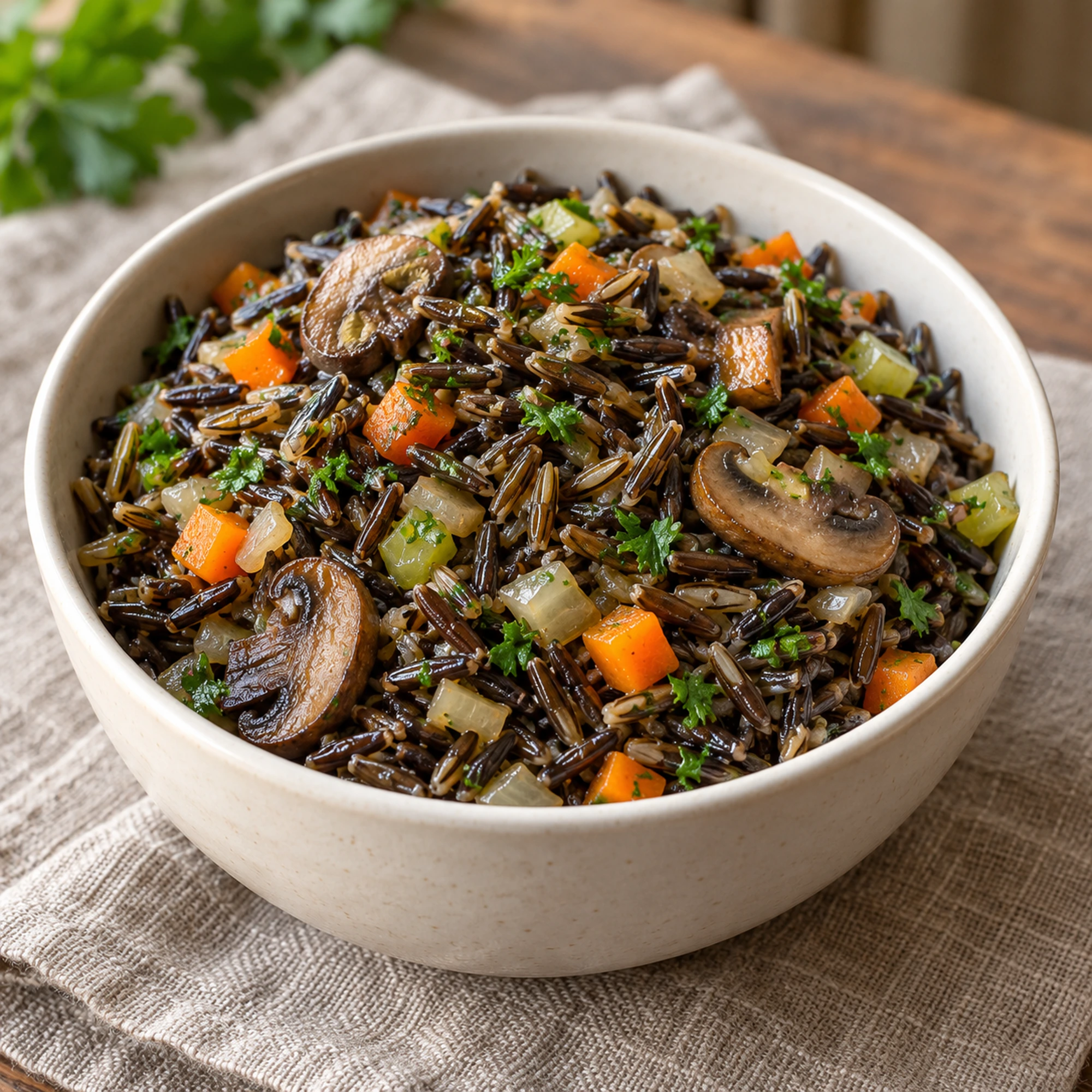 A bowl of wild rice pilaf with dark grains and browned mushrooms