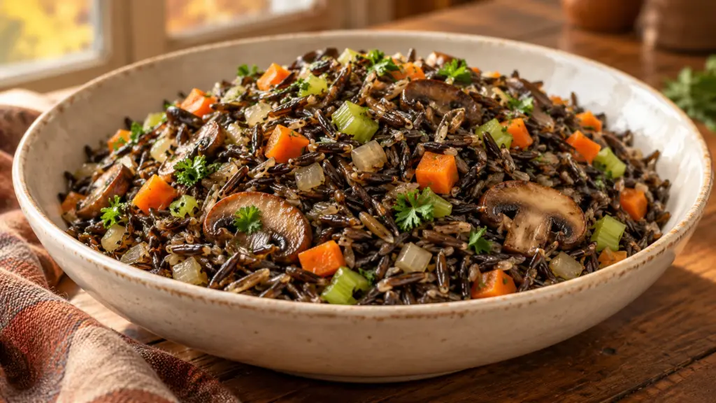 Wild rice pilaf with mushrooms, carrots, celery, and parsley in a serving bowl