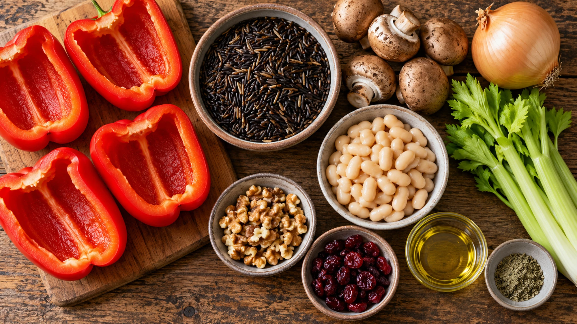 Ingredients for wild rice stuffed peppers on a wooden surface