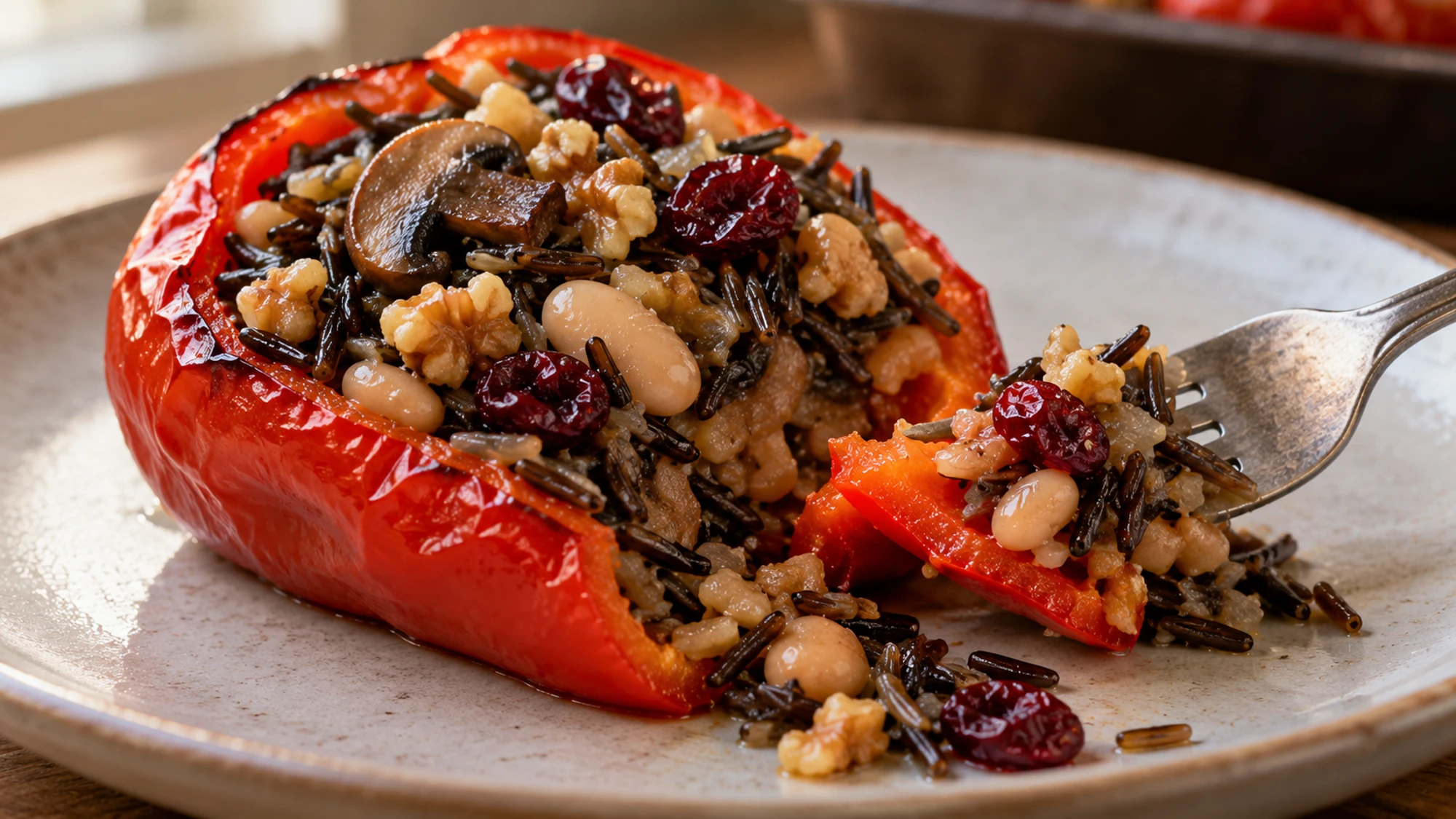 Forkful of filling from wild rice stuffed peppers