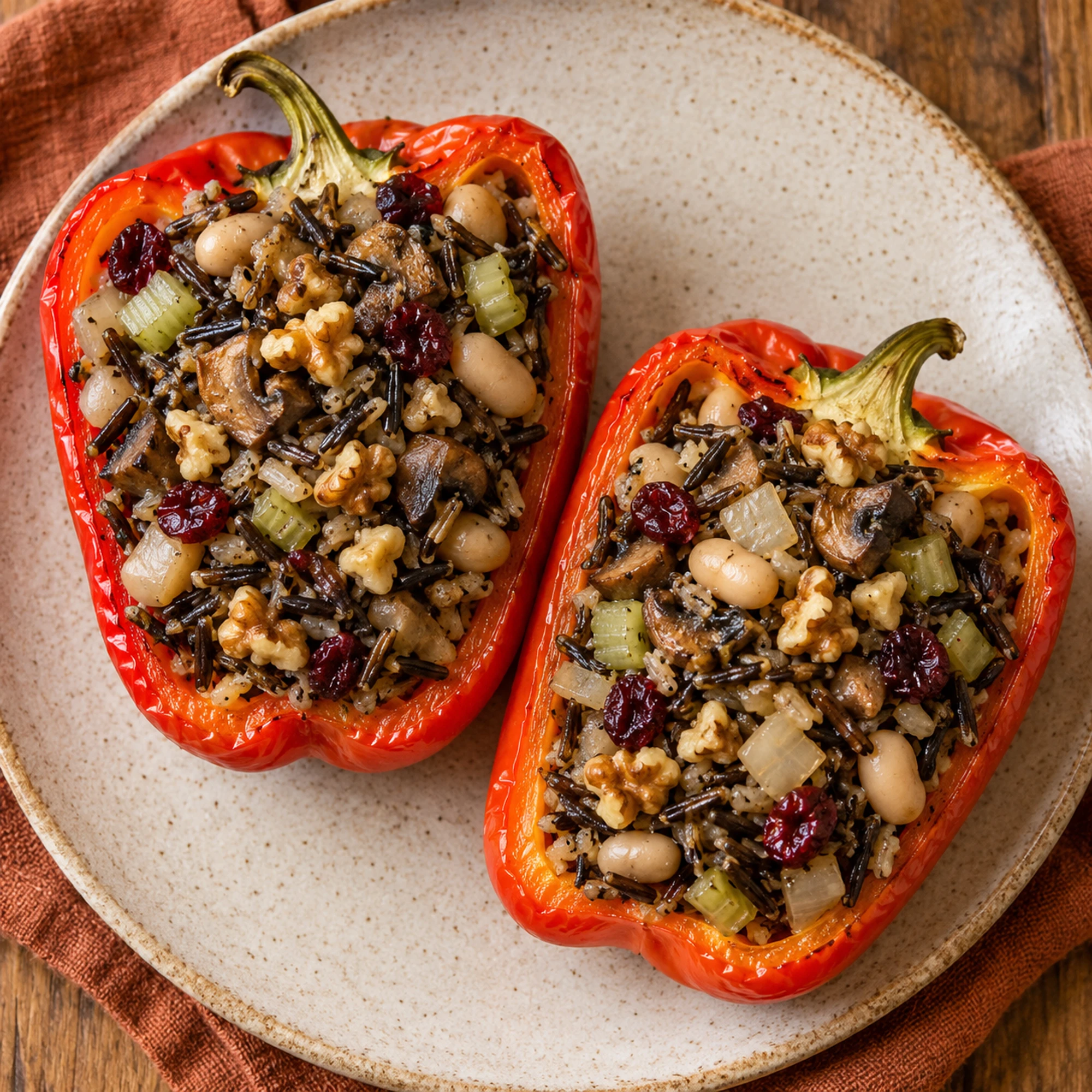 Two wild rice stuffed peppers halves on a plate