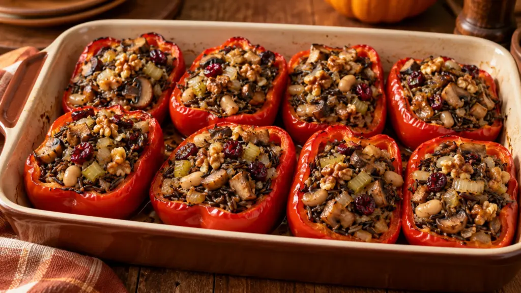 Wild rice stuffed peppers with beans mushrooms walnuts and cranberries