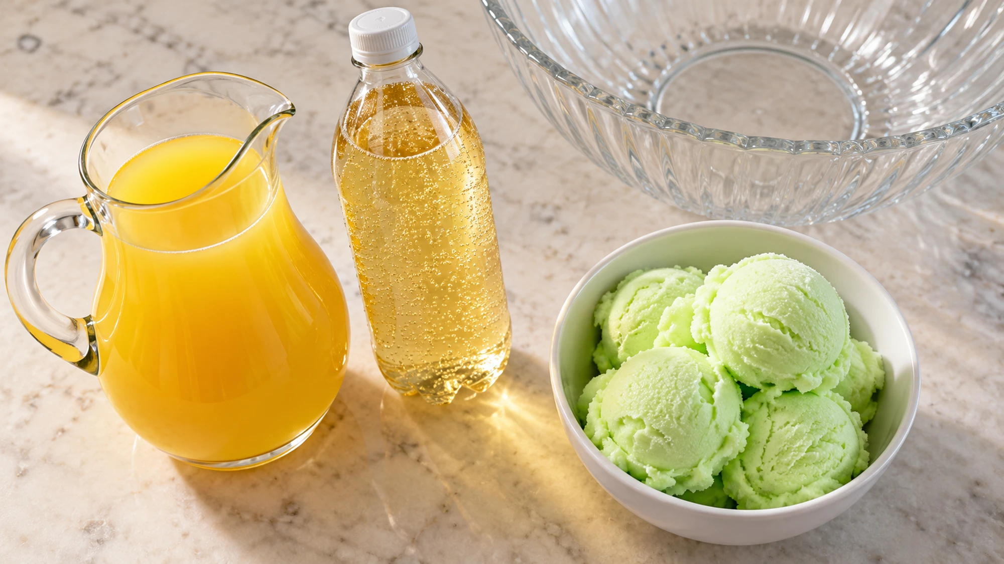 Pineapple juice, ginger ale, and lime sherbet for witches brew punch