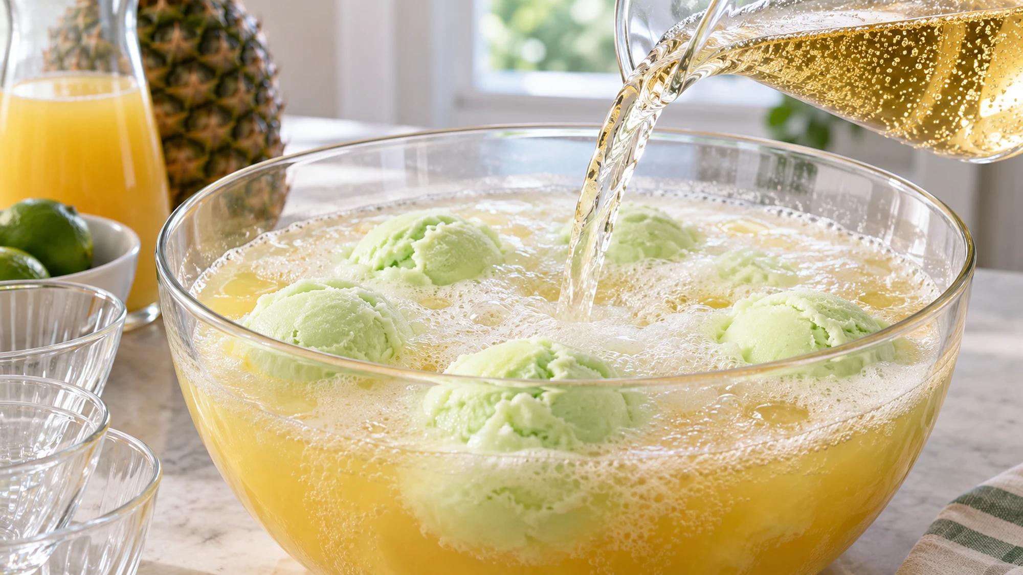 Ginger ale pouring over sherbet to make witches brew punch