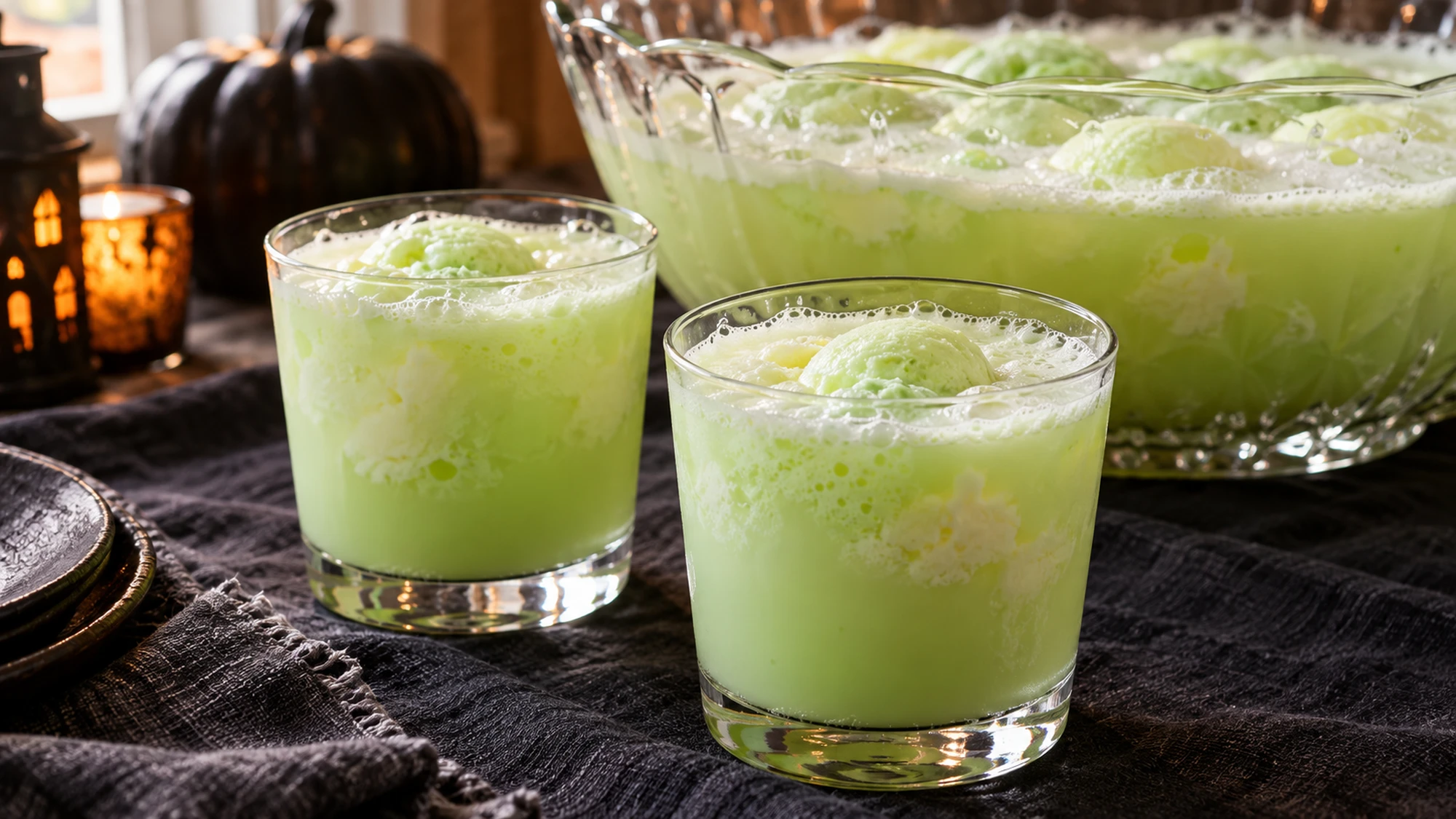 Small glasses of witches brew punch with melting lime sherbet