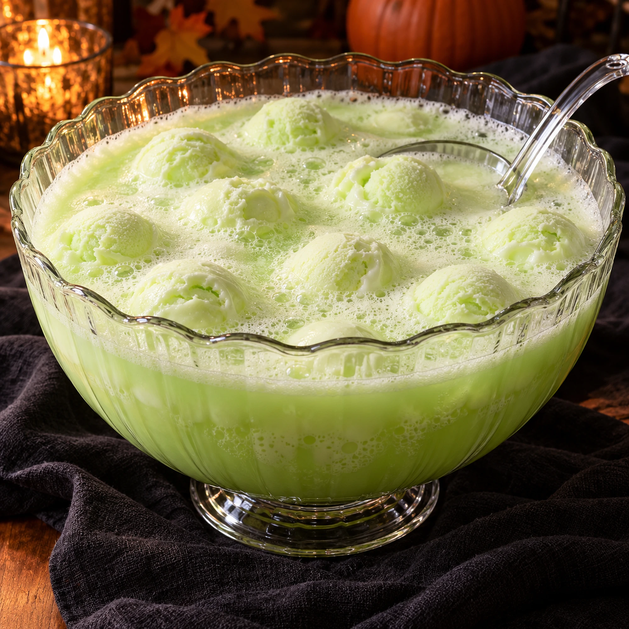 Witches brew punch in a glass bowl with a serving ladle