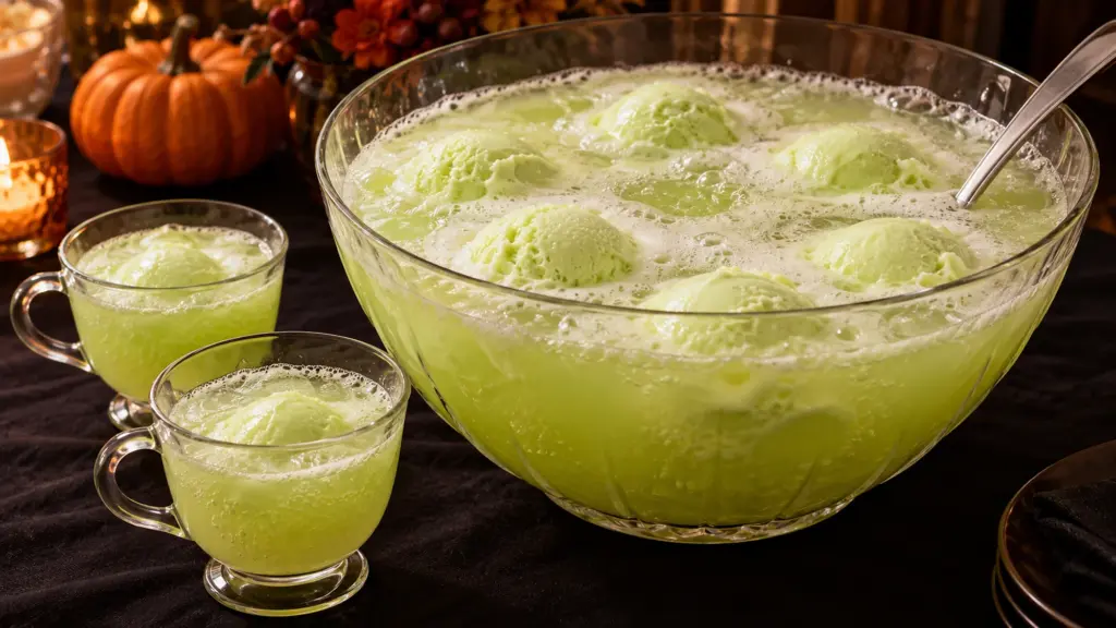 Witches brew punch with floating lime sherbet and frothy bubbles
